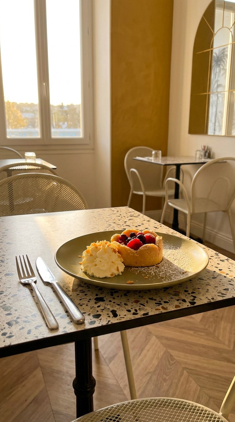 Photo générée par Focato : la tartelette servie dans l'assiette du restaurant, avec ses couverts, sur sa table, dans sa salle